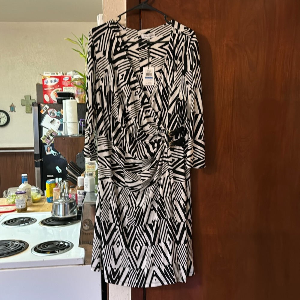 Black and White Stretch Wrap Calvin Klein Dress 3/4 Sleeve Size XL